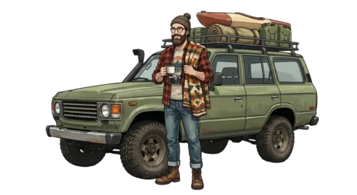 Overlander with green Land Cruiser, kayak and camping gear